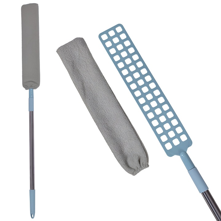 Моп за прах, Flippy, Тънък модел за труднодостъпни места, Разтегателна дръжка, Включена микрофибърна кърпа, Лесен за почистване, Синьо-сив