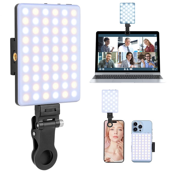 LED лампа за телефон, TINKLU, Селфи светлина, Снимки или видео, 60 светодиода, 2 вида захващания, 10 интензитета, Студена и топла светлина, USB захранване, Черен