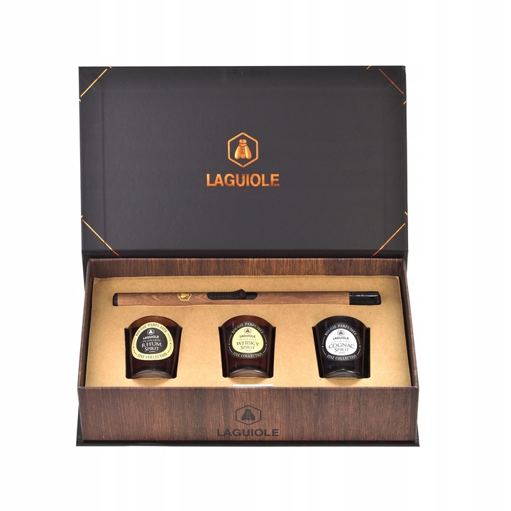Арoматни свещи и луксозна запалка в подаръчна кутия, Laguiole, 3 бр, уиски, ром, коняк