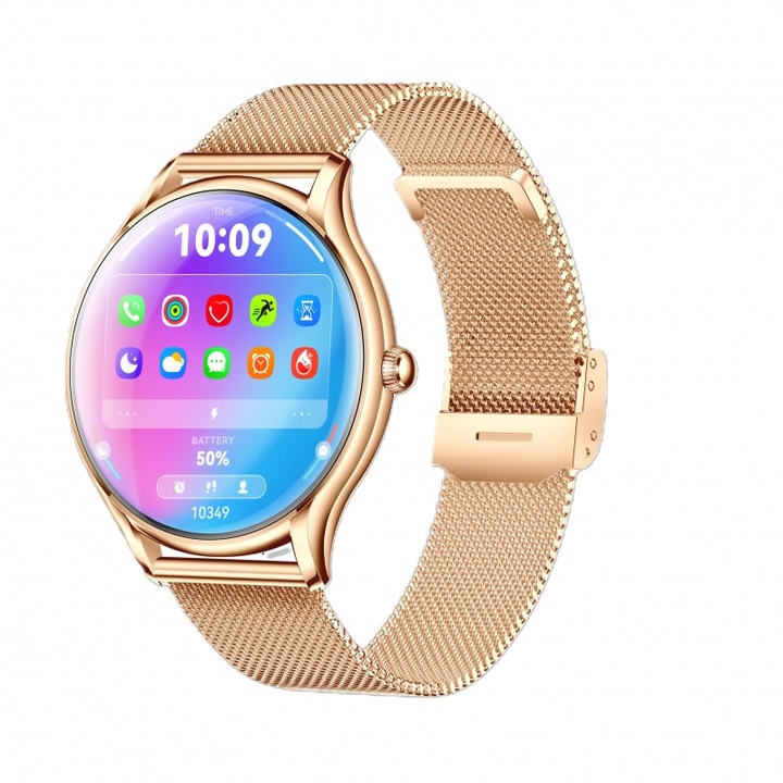 Smartwatch 1.43 инча AMOLED, сърдечен ритъм, физически дейности, известия, разговори, сърдечен ритъм, злато