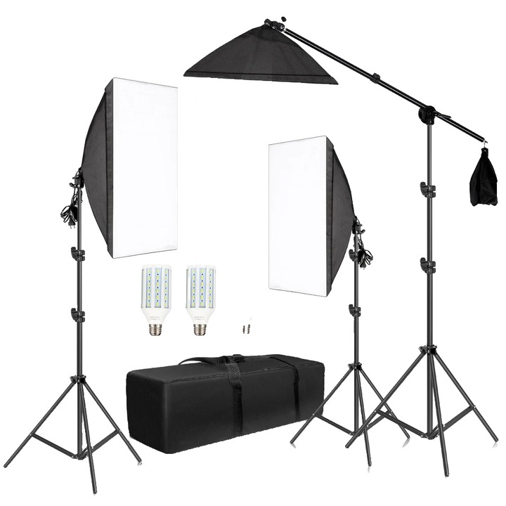 Set de Lumini Studio Foto, 3 Softbox-uri 50x70cm, Brat Articulat, Bec 45W Lumina Zilei, Geanta Transport, Inaltime Reglabila 68-200cm