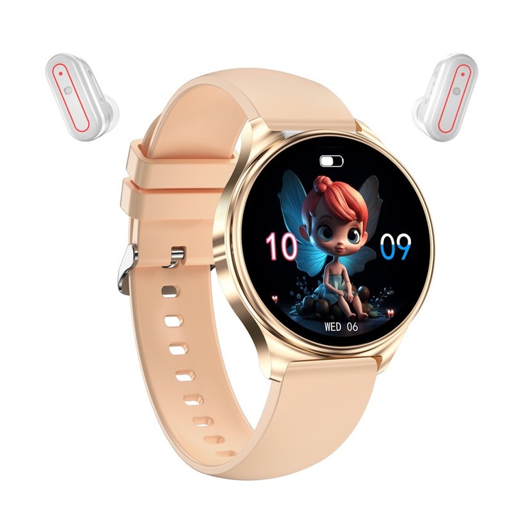 Ceas inteligent cu casti Bluetooth, ecran tactil 360 x 360 complet, monitorizare a sanatatii, apel Bluetooth, culoare roz, standby 14 zile