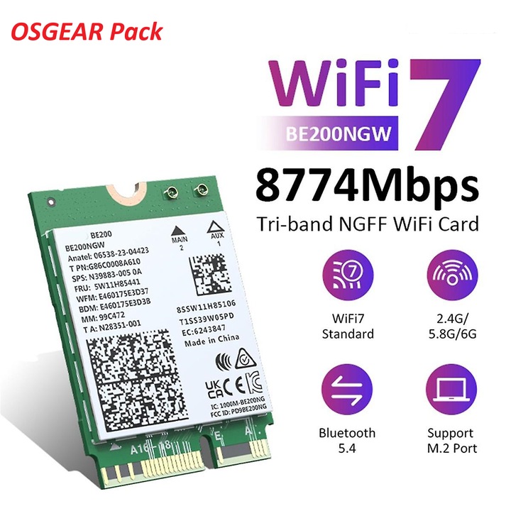 Мрежова карта, Intel Wi-Fi 7 BE200, 2x2 антена, 5.8Gbps, 6GHz, M.2 2230