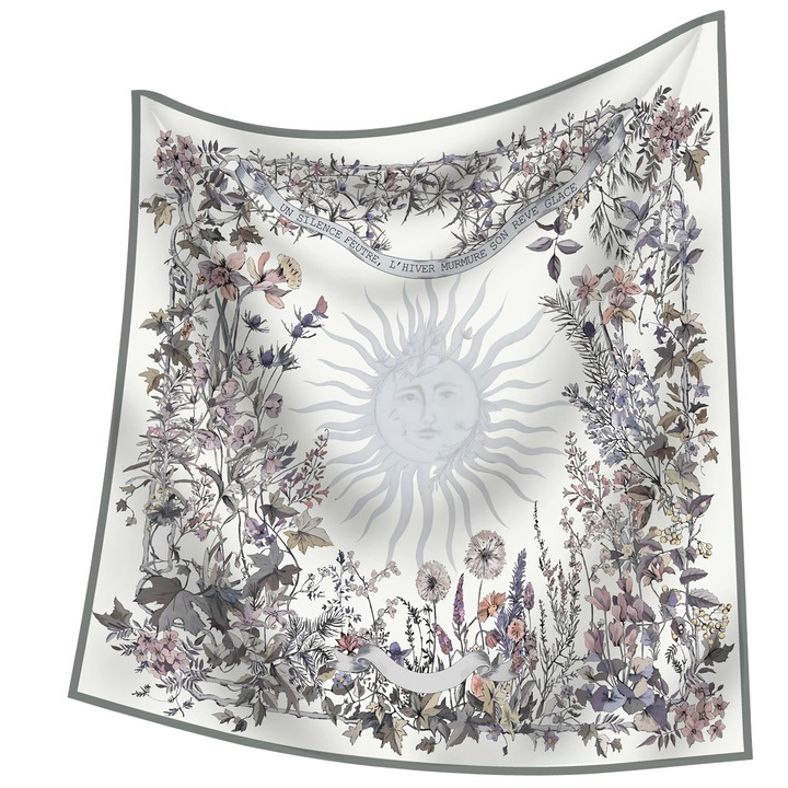 Szögletes sál, virágos motívumok, poliészter, szürke fehér, 90x90cm