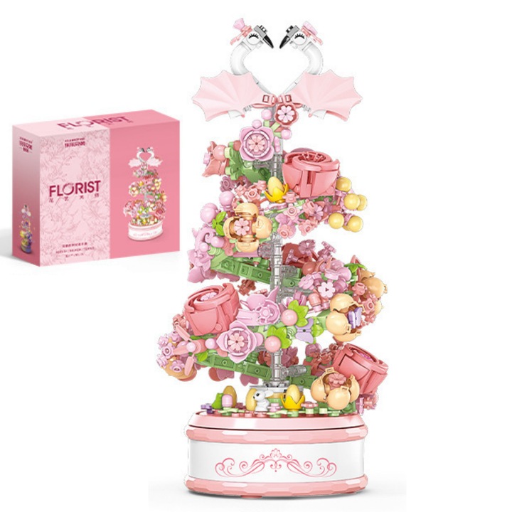 Фентъзи конструктор, модел лебед/роза, Въртяща се музикална кутия, Със светеща лента, Коледа, 13,6x13,6x27,8 см, 713 части, подарък за Нова година, Ръчна изработка, розов