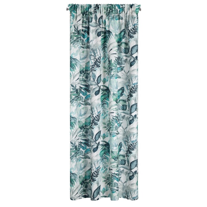 Eurofirany ADELINE завеса с принт на зелени листа на бял фон от олекотен микрофибър 140x270 Rejansa, бял тюркоаз