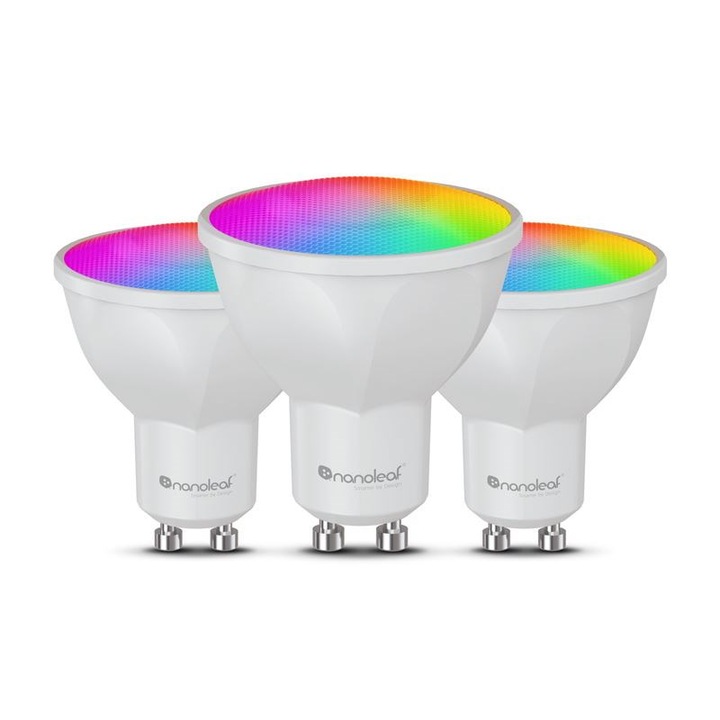 Комплект от 3 крушки Smart LED RGBCW Nanoleaf Essentials, бяла/цветна светлина, GU10, 5W, над 16 милиона цвята, гласово управление, WiFi