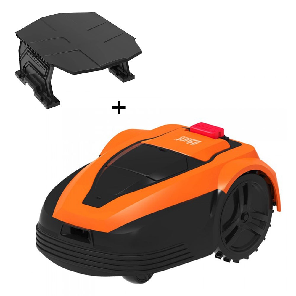 Pachet Robot de tuns gazon/iarba iHunt RoboMower V1 APP 2500m2 PRO + Garaj de protectie, inaltime taiere 25 - 55 mm, Bluetooth, senzor ploaie, suprafata acoperita 2500 mp