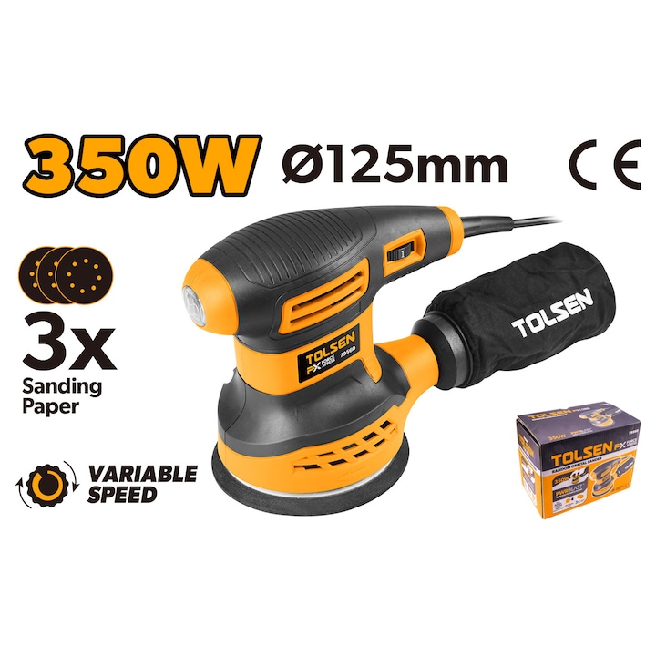 Masina de slefuit orbitala TOLSEN FX Force Xpress, 350W, 125mm, 6000-13000RPM, Baza cu velcro, Aspirare activa a prafului, 3 hartii abrazive si cutie praf incluse, Aprobat CE