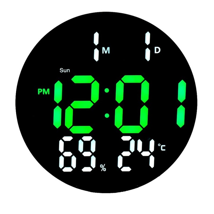 Ceas de cameră LED verde-alb, cu alarmă și senzor de temperatură, design rotund, set complet