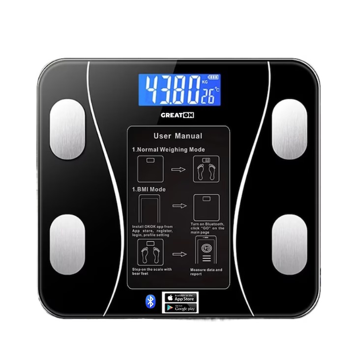 Умна везна за тяло с приложение за телефон, за баня, електронна, закалено стъкло, елегантен дизайн, умна, LCD дисплей, черна