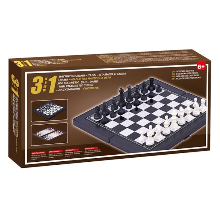 Társasjáték 3 az 1-ben, sakk, dáma, backgammon, 35x35,5 cm, JS-04
