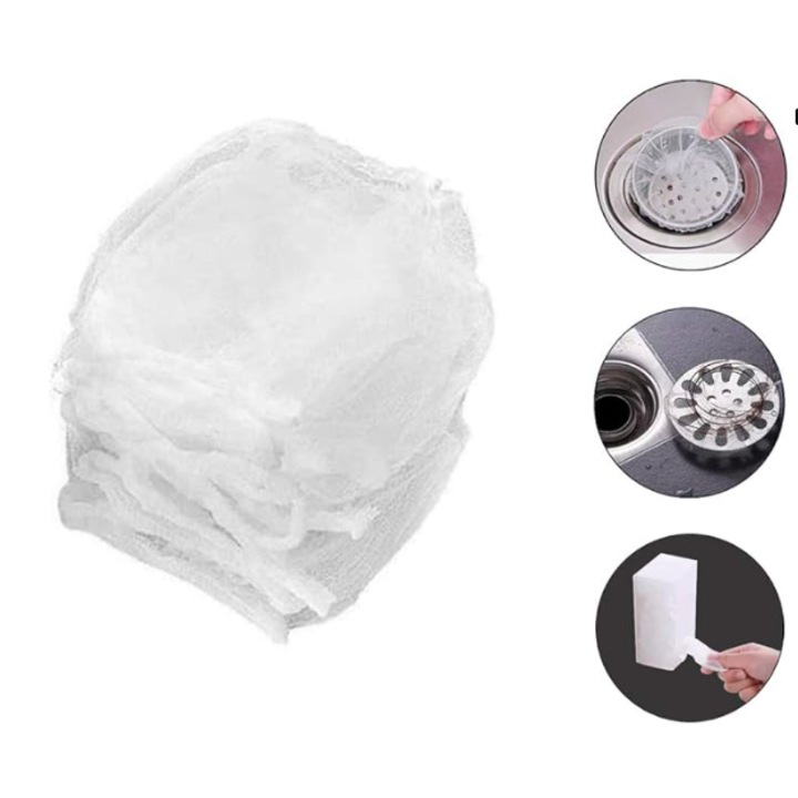 Комплект от 100 филтърни торбички за мивка, защита за оттичане, материал полиестер, универсален размер, за кухня и баня
