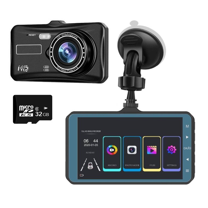 SANFACE DVR автомобилна камера, ъгъл на заснемане 170°, 4-инчов сензорен екран, WIFI, черна, 32GB