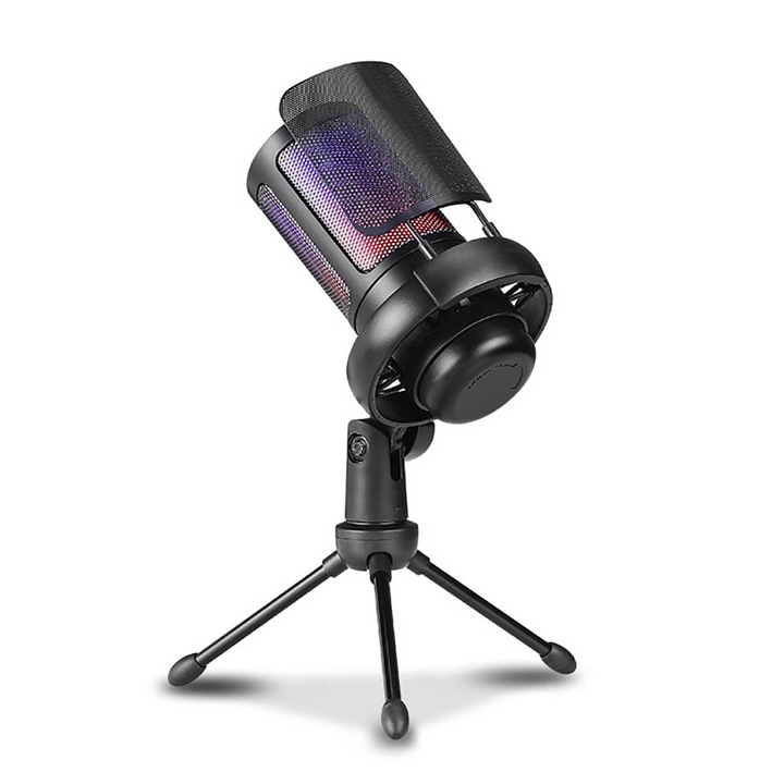 Microfon PC SANFACE, bidirectional, condensator, RGB, cu suport, negru