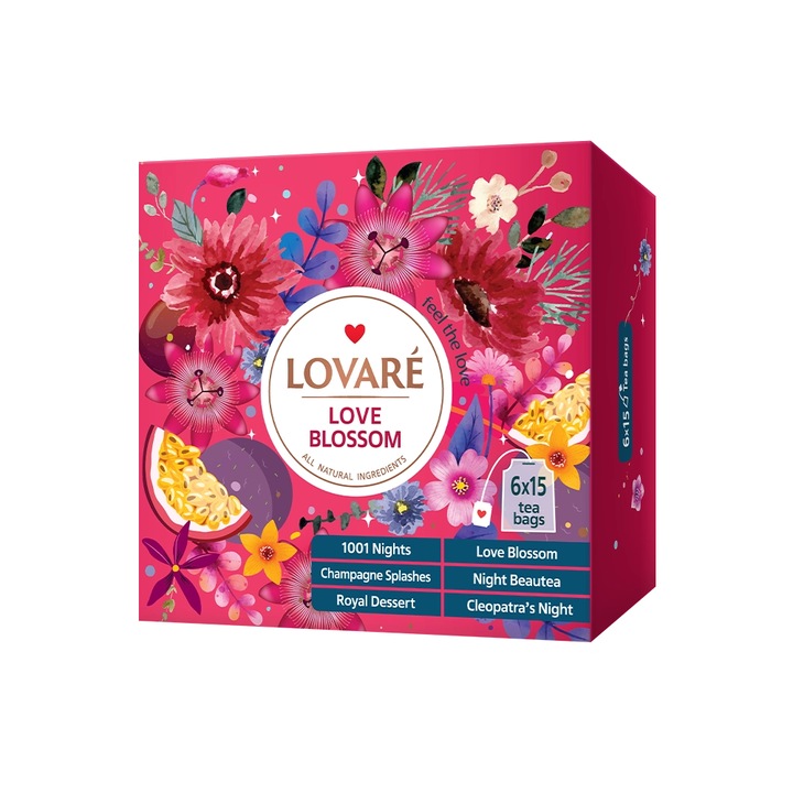 Чай Lovare Love Blossom, Черен, Зелен, Манго, Магакуя, Ананас, Рози, 90 пакетчета, 6 вида по 15 пакетчета, 165 гр