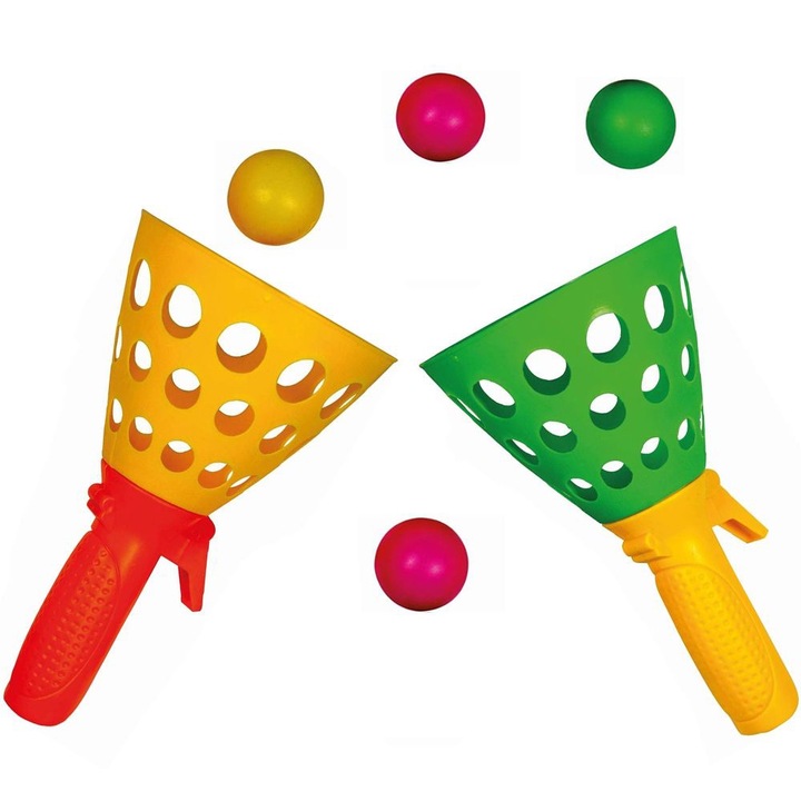 Set jucarii interactive Ronyes, Pop Pass Catch Ball, 2 cosuri si 4 bile, galben, verde