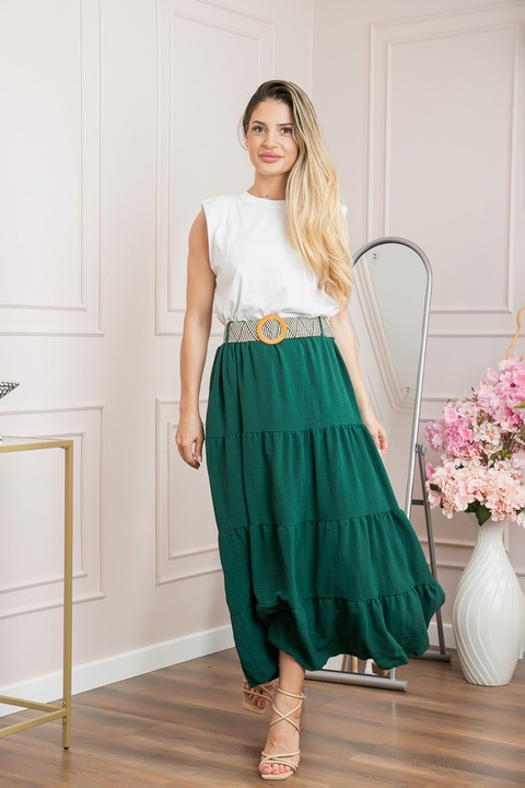 Fusta verde boho chic cu volane si curea in talie, Verde, One Size