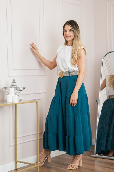 Fusta turcoaz boho chic cu volane si curea in talie, Turcoaz, One Size