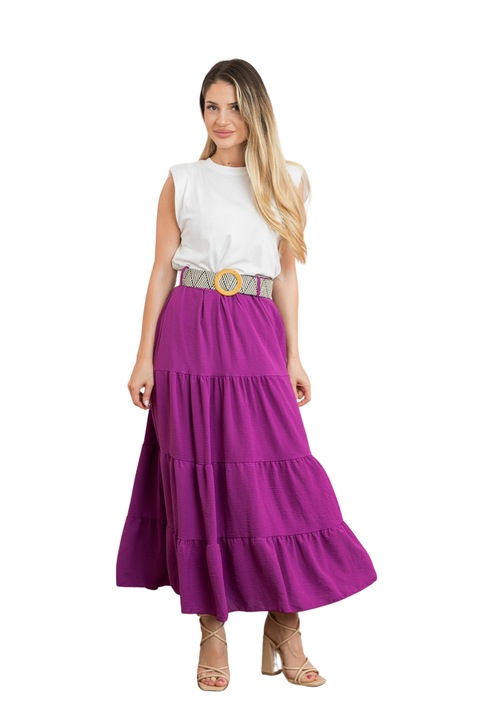 Fusta mov boho chic cu volane si curea in talie, Mov, One Size