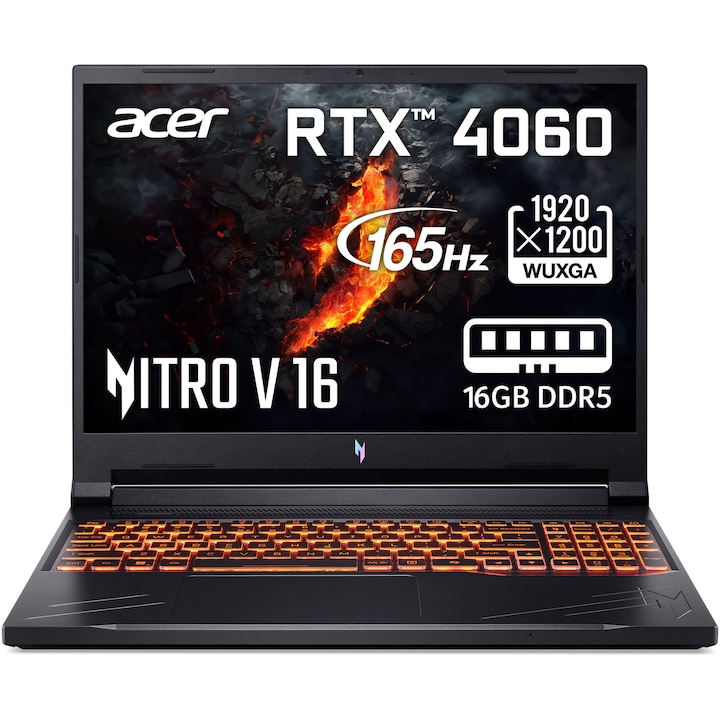 Лаптоп Gaming Acer Nitro V16 ANV16-41-R727, AMD Ryzen™ 5 8645HS, 16'', WUXGA IPS 165Hz, 16GB DDR5 RAM, 512GB SSD, NVIDIA® GeForce RTX™ 4060, No OS, Obsidian Black