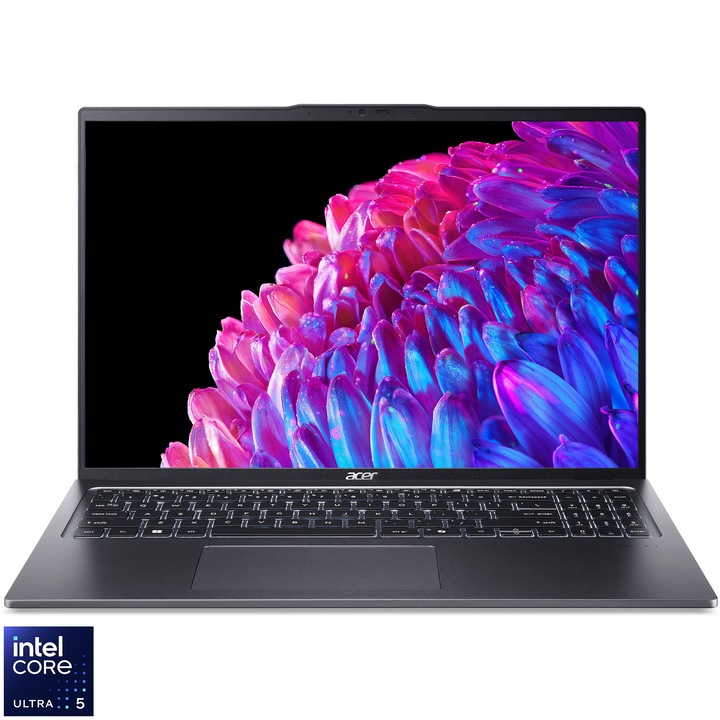 Laptop Acer Swift Go 16 SFG16-72-5795 cu procesor Intel® Core™ Ultra 5 125U pana la 4.3GHz, 16'', WUXGA IPS, 16GB LPDDR5X RAM, 1TB SSD, Intel® Graphics, No OS, Steel Gray