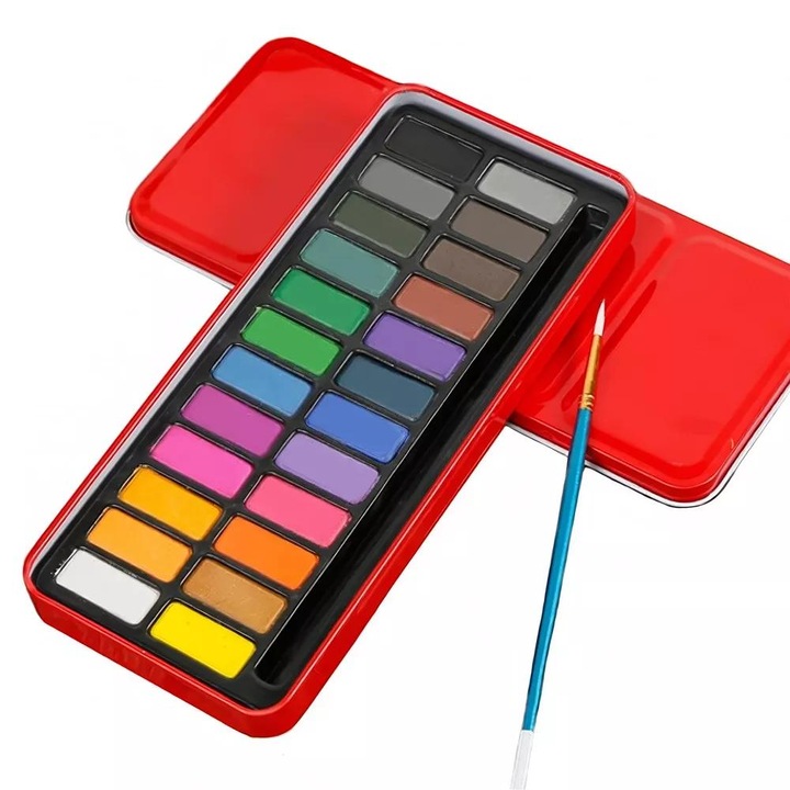 Set culori acuarela 24 culori, Szkicuj, cutie metalica etui, pensula inclusa, sigure copii si adulti, pigmenti intensi, calitate ridicata, multicolor