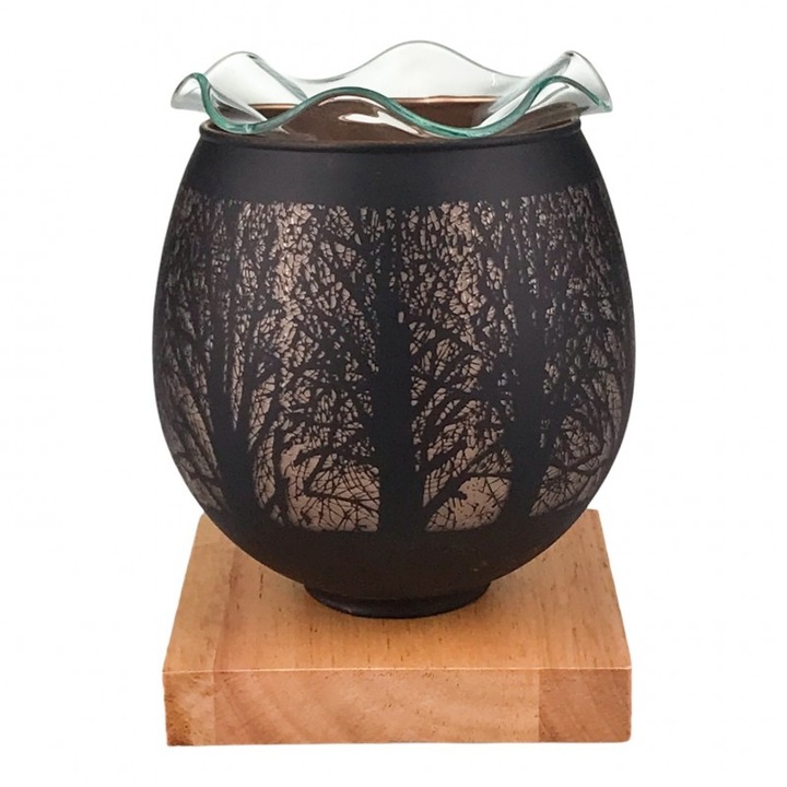 Candela din sticla pe suport din lemn, cu copac 12x16 cm negru