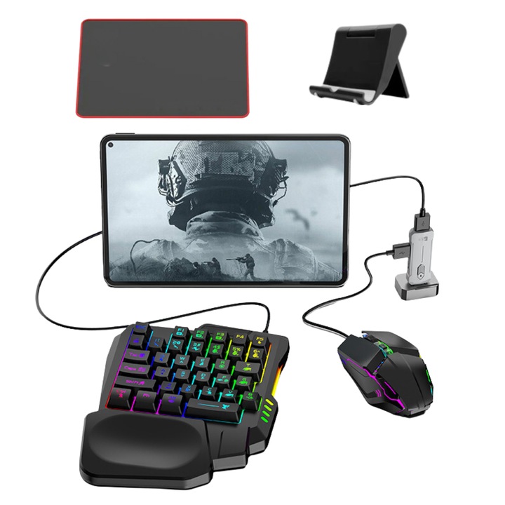 5in1 LUDORA telefonos gamer készlet RGB billentyűzettel, telefonjáték-emulátorral, 35 egykezes gombbal és 1600/2400/3200 DPI-s játékegérrel, szivárványvilágítással, telefontartóval, egérpaddal, vezeték nélküli, Intelligent Spray Control, Android