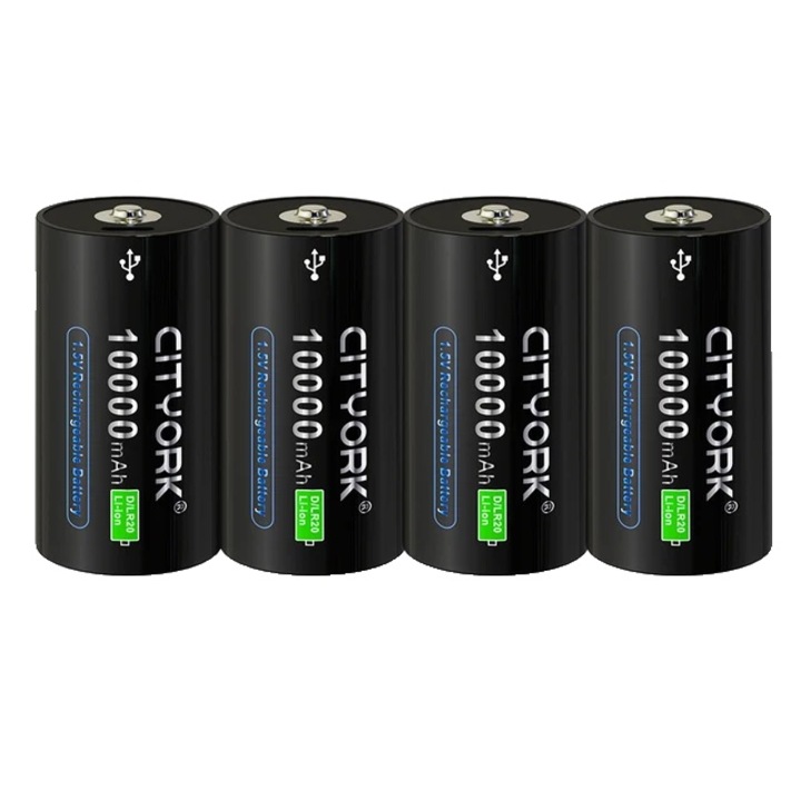 4 db Cityork LR20 Li-ion újratölthető akkumulátor készlet, USB töltés, nagy kapacitás, 10000 mAh