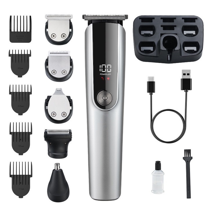 Masina de tuns si de ras premium 5 in 1 cu afisaj al bateriei digital, fara fir, motor puternic cu 10000 rpm, cu capete profesionale inox, material maner anti derapant, 16 accesorii, negru