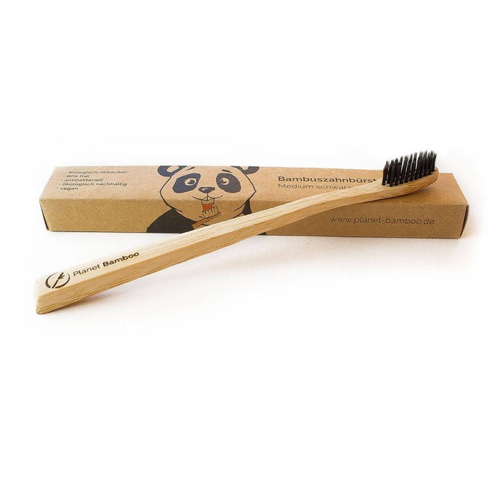 Periuta de dinti din bambus, biodegradabila, pentru adulti, duritate medie, Negru, Planet Bamboo