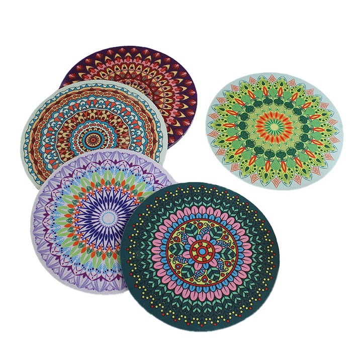 Set 5 suporturi bauturi, model boem, cauciuc, impermeabil, 11.5cm