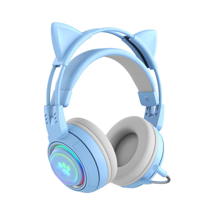 Casti wireless Over-Ear, Stereo, Design cu urechi de pisica, Bluetooth, Microfon detasabil, Wireless, Albastru