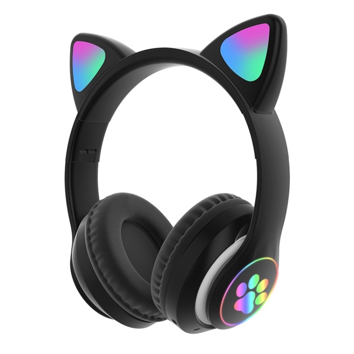 Casti wireless Over-Ear, Conexiune Duala, Bluetooth 5.0, Design cu Ear Design RGB, Anulare a zgomotului, Suport pentru card TF, Microfon, Bass profund, Negru