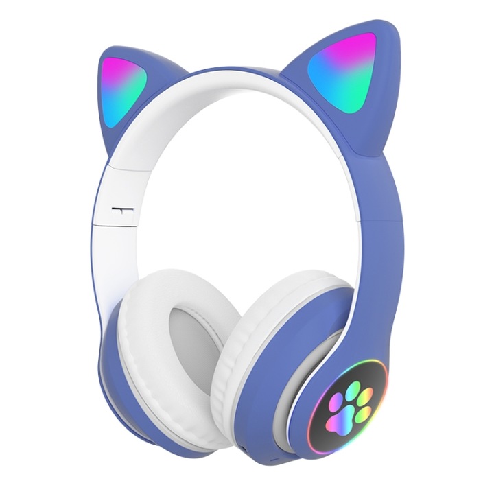 Casti wireless Over-Ear, Bluetooth 5.0, Conexiune Duala, Anulare de Zgomot, Design RGB cu urechi de pisica, Microfon, Suport Card TF, Albastru