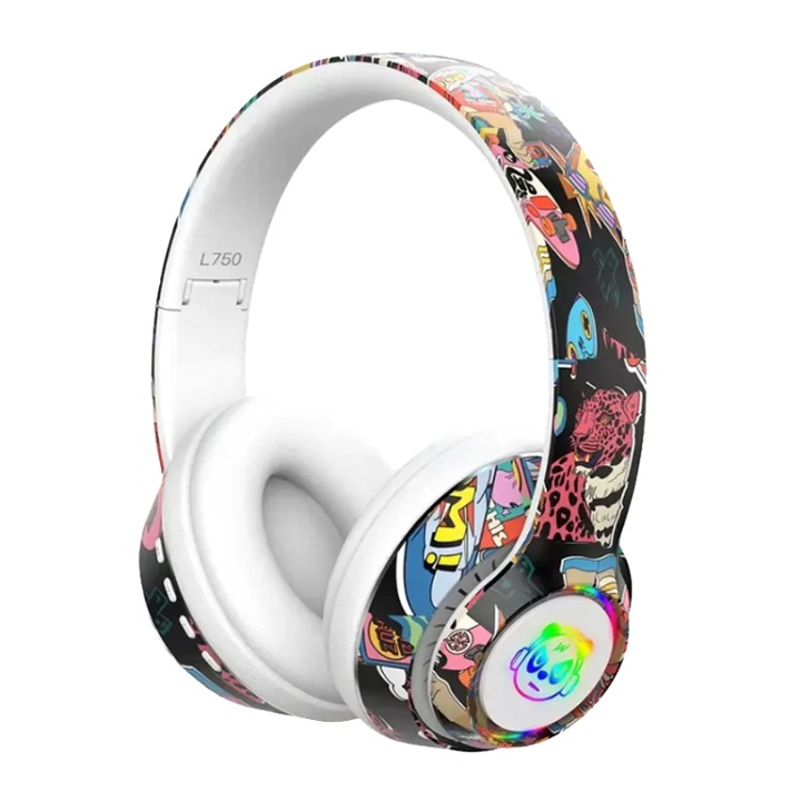 Casti wireless Over-Ear, Gaming, Reducere zgomot, Model Graffiti, Microfon, Purtabil confortabil, Alb