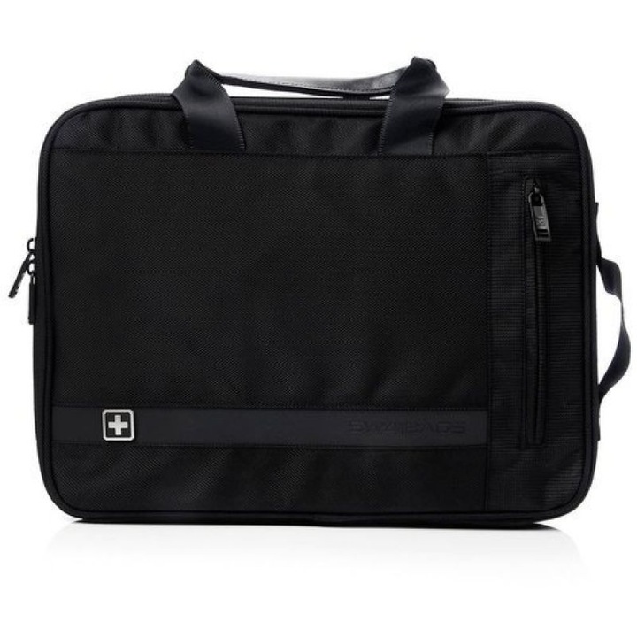 Geanta Laptop, Swissbags, Glion, 15.6”, Curea De Umar, Maner Intarit Din Piele Naturala, Buzunar Cu Plasa Interna, Design Elegant, Clasic, Greutate Redusa, Material Robust 4 l, 500 g, 40x28x4 cm, Negru