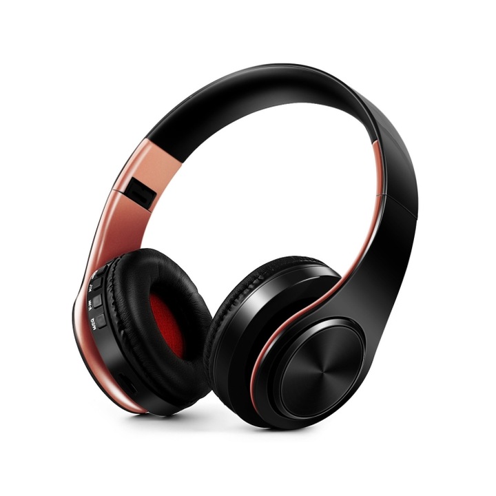 Casti wireless Over-Ear, LPT660, HIFI Stereo, prietenoase pentru sport, Bluetooth Wireless, finisaj negru si aur roz