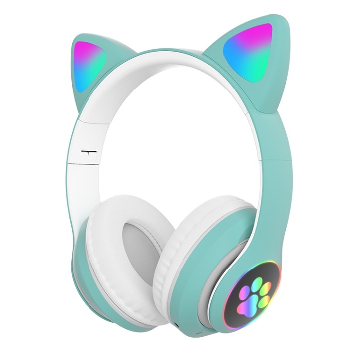 Casti wireless Over-Ear, T&G TN-28, Design cu urechi de pisica RGB, Stereo cu bas puternic, Anulare zgomot, Bluetooth 5.0, Conexiune dubla, Suport Card TF, Cu microfon, Verde