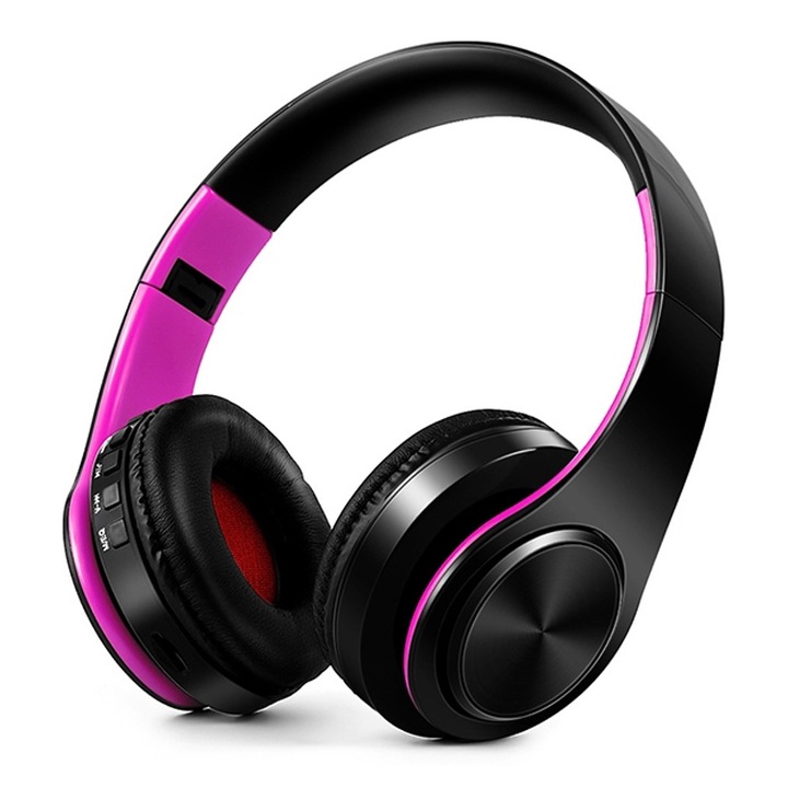 Casti wireless Over-Ear, LPT660, Casti Bluetooth stereo pliabile, suporta MP3 si card TF de 32GB, cu mufa AUX 3 5mm, negru-rose