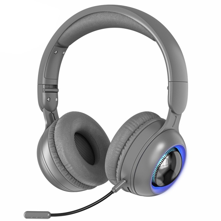 Casti Over-Ear, KE08 RGB Stereo PC, Bluetooth Wireless, Microfon incorporat, Lumini LED vibrante, Confort de lunga durata, Sunet de inalta calitate, Gri
