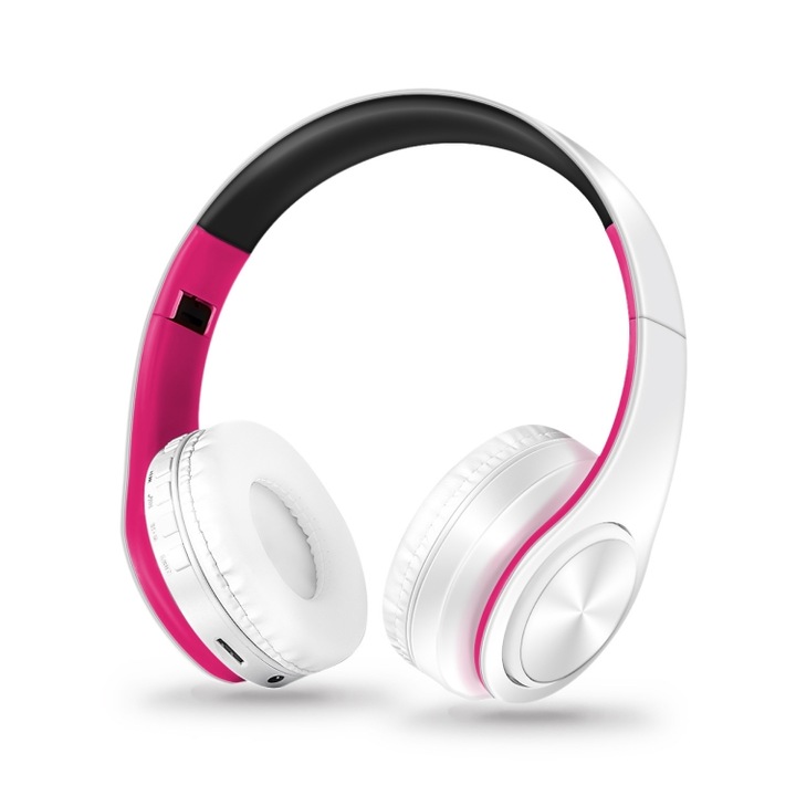 Casti wireless Over-Ear, Bluetooth Headset, HIFI Stereo, pregatite pentru sport, alb si roz