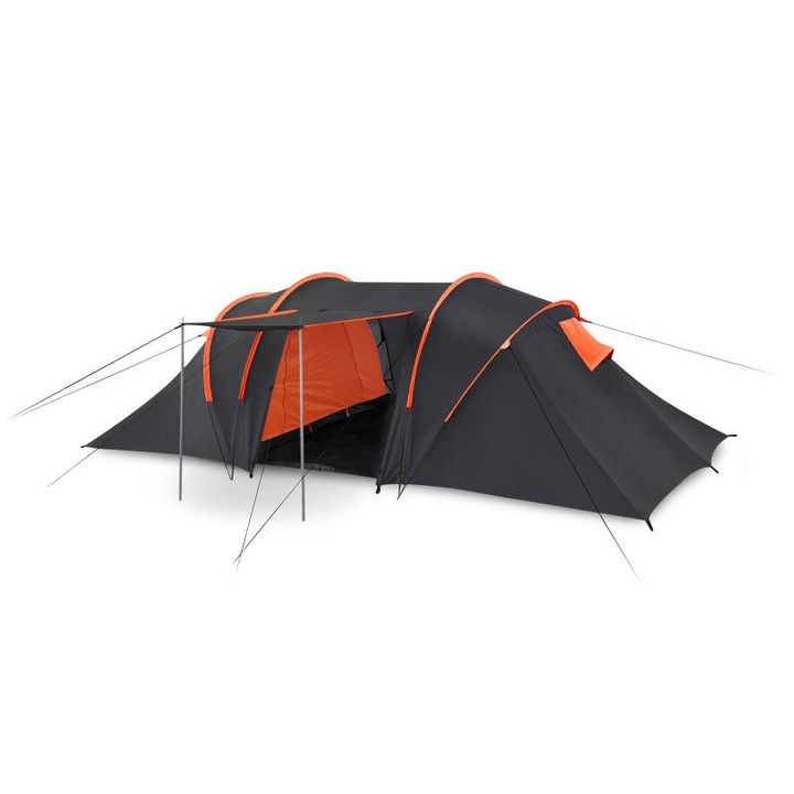Cort camping Spokey, poliester, 4 persoane, 2 spatii, 430x220x130cm, portocaliu/negru