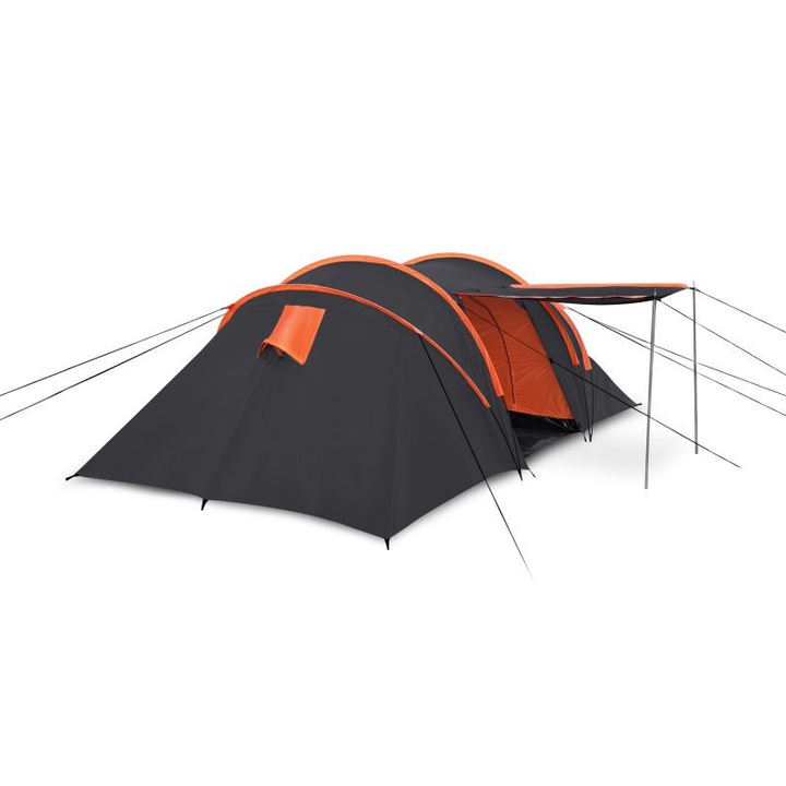Cort camping Spokey, poliester, 4 persoane, 2 spatii, 430x220x130cm, portocaliu/negru