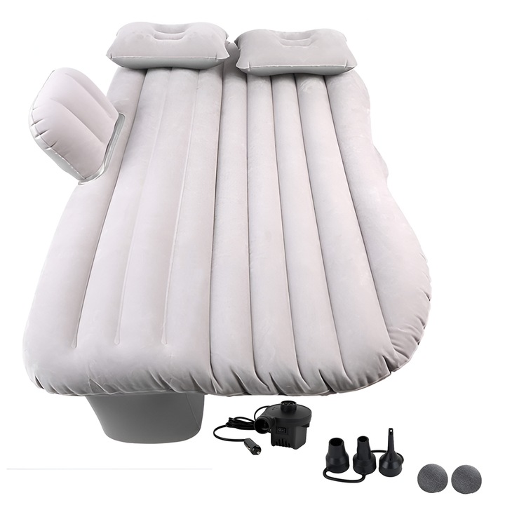 Teno® 2 в 1 надуваем матрак за кола, задна седалка и легло за пътуване, качествени материали, многопластов, чанта за съхранение, включена помпа за надуване, 138 x 85 cm, сив