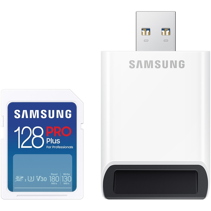 Card de memorie Samsung SDXC PRO Plus 128GB, 180MB/s with reader (2023)