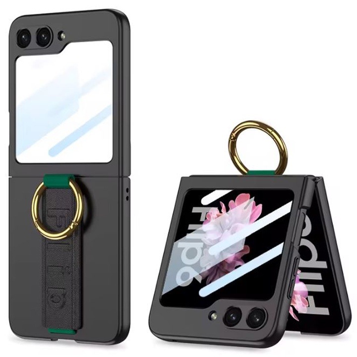 Husa cu Maner si Inel suport, Protectie ecran, Compatibil cu Samsung Galaxy Z Flip 6/Flip 7 FE, Antisoc, Negru-Verde