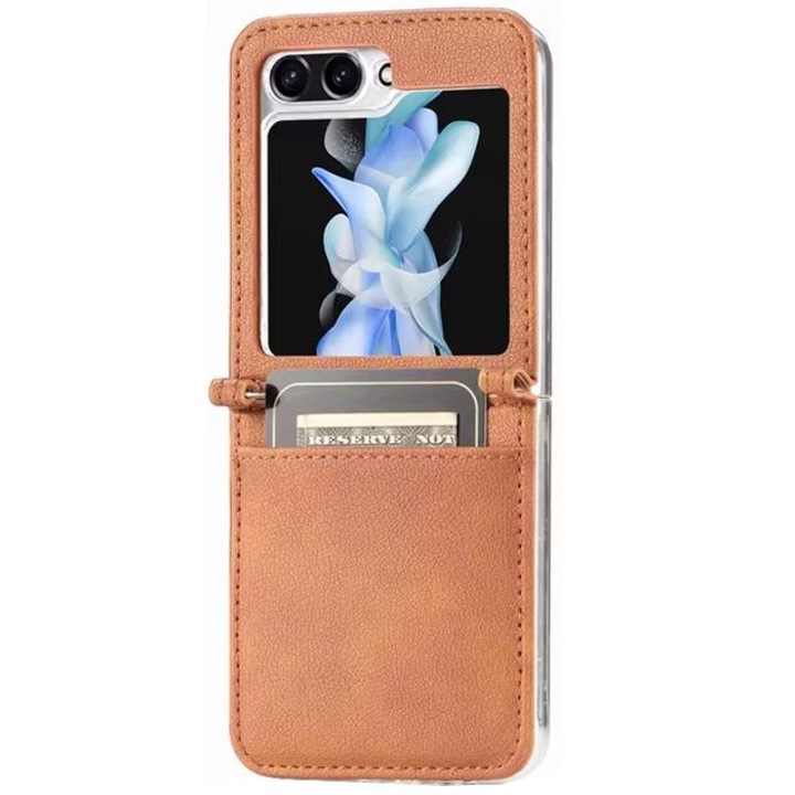 Husa cu Buzunar Carduri pentru Samsung Galaxy Z Flip 6/Flip 7 FE, Protectie antisoc, Piele ecologica, Maro