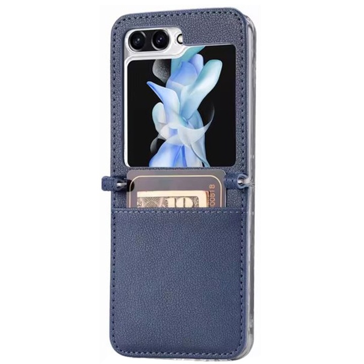 Husa cu Buzunar Carduri pentru Samsung Galaxy Z Flip 6/Flip 7 FE, Protectie antisoc, Piele ecologica, Bleumarin